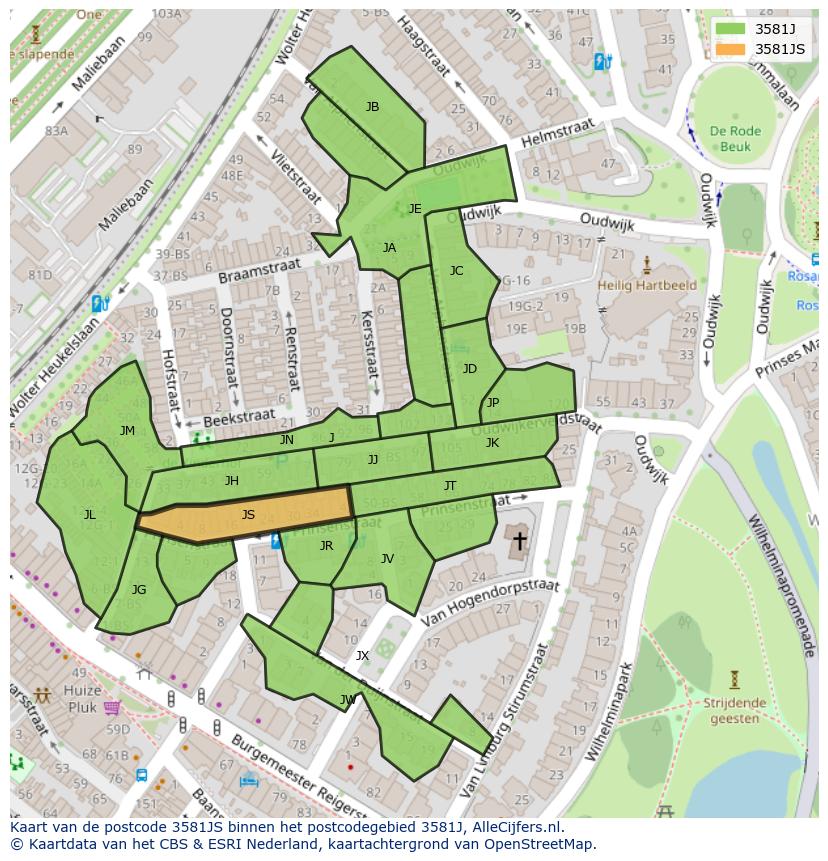 Afbeelding van het postcodegebied 3581 JS op de kaart.