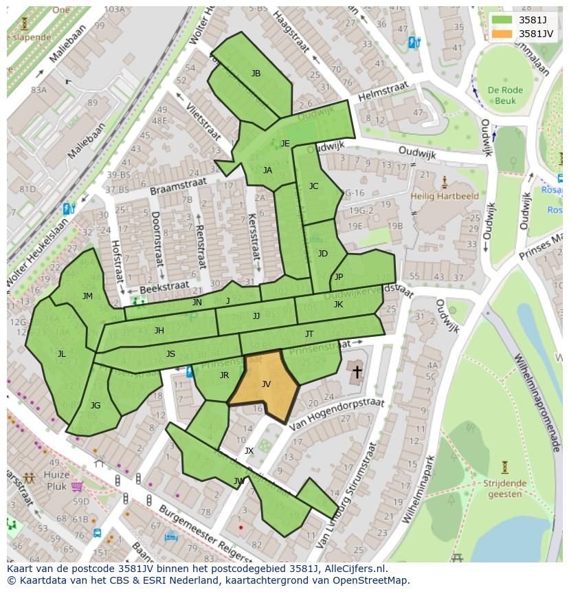 Afbeelding van het postcodegebied 3581 JV op de kaart.