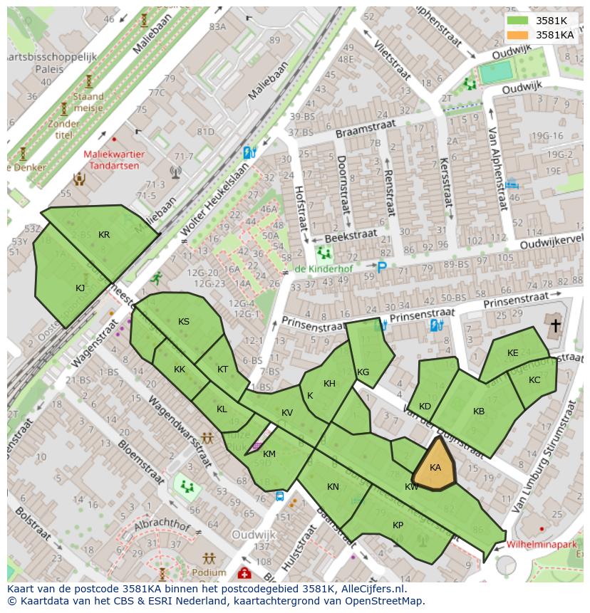 Afbeelding van het postcodegebied 3581 KA op de kaart.