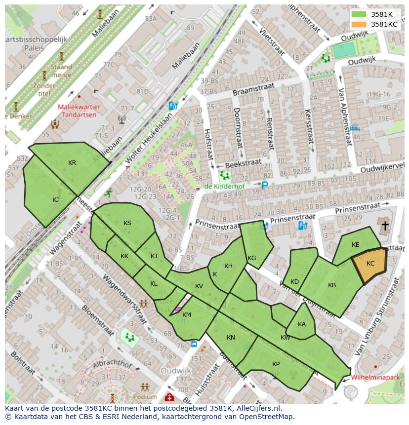 Afbeelding van het postcodegebied 3581 KC op de kaart.
