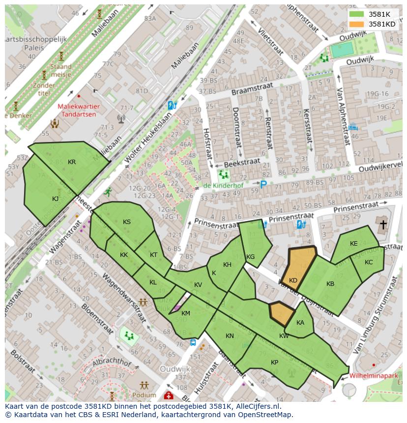Afbeelding van het postcodegebied 3581 KD op de kaart.