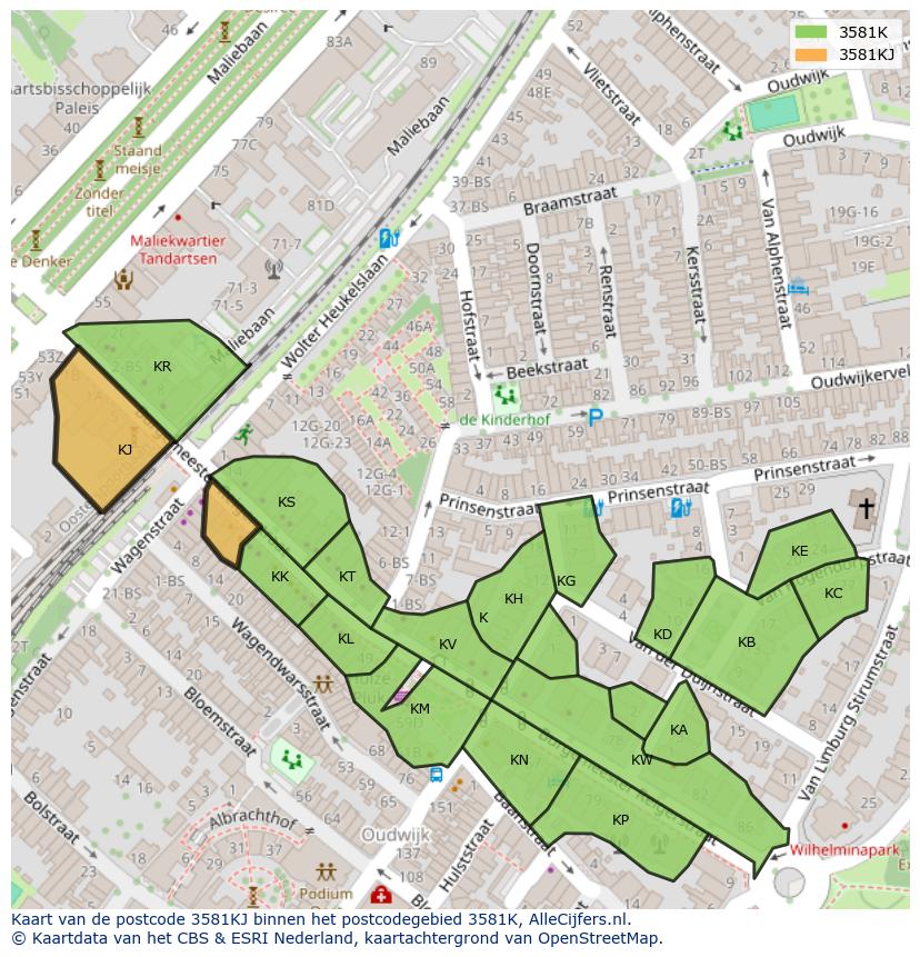 Afbeelding van het postcodegebied 3581 KJ op de kaart.