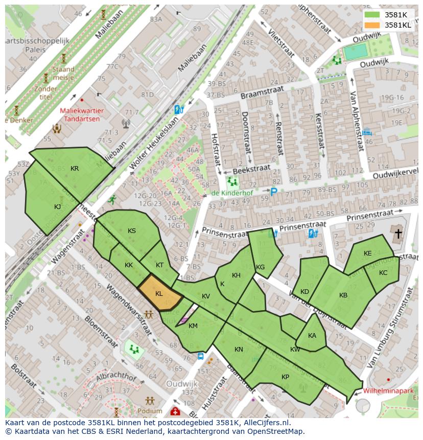 Afbeelding van het postcodegebied 3581 KL op de kaart.