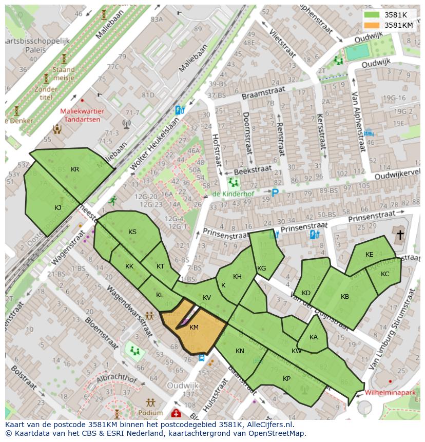 Afbeelding van het postcodegebied 3581 KM op de kaart.