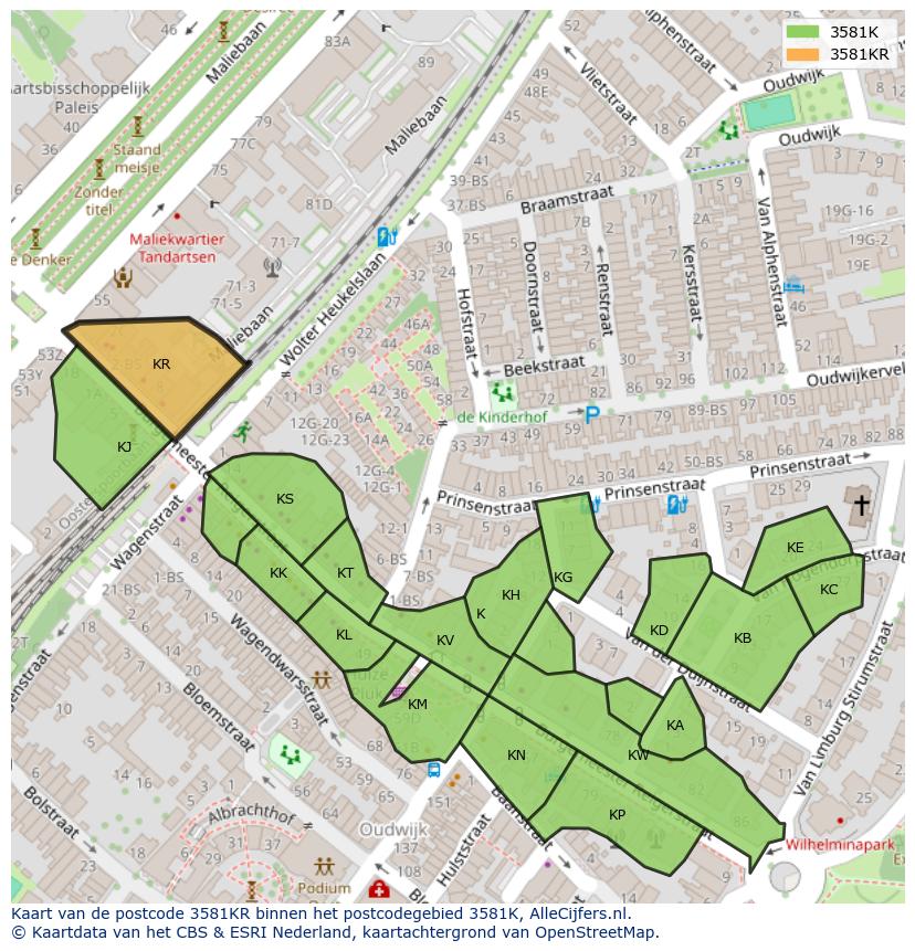 Afbeelding van het postcodegebied 3581 KR op de kaart.