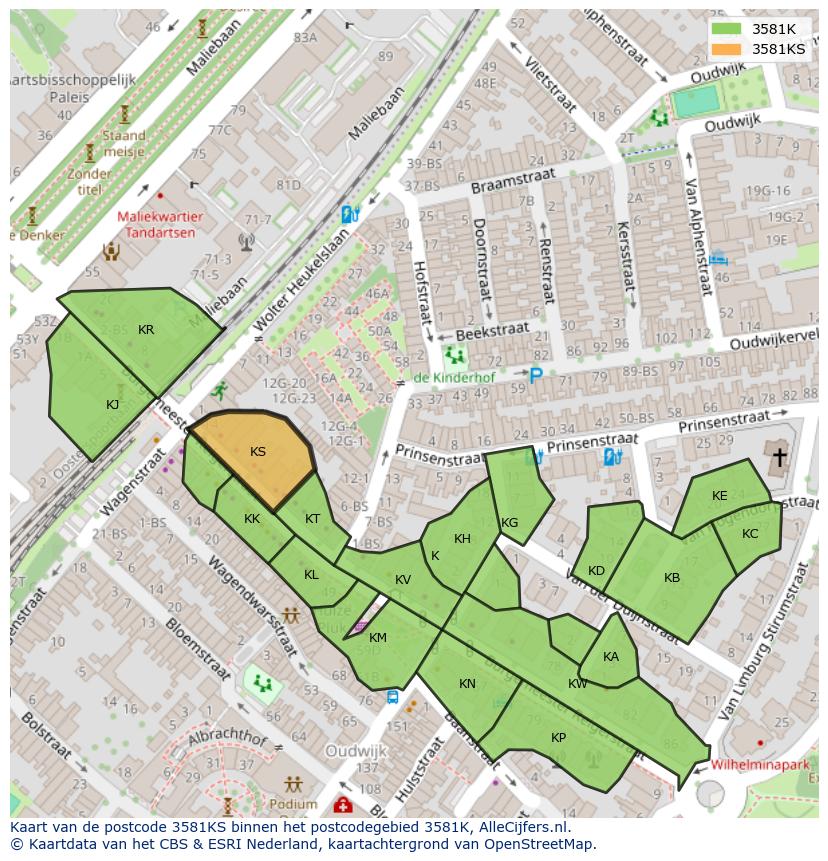 Afbeelding van het postcodegebied 3581 KS op de kaart.