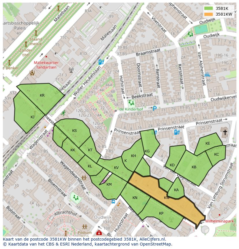 Afbeelding van het postcodegebied 3581 KW op de kaart.