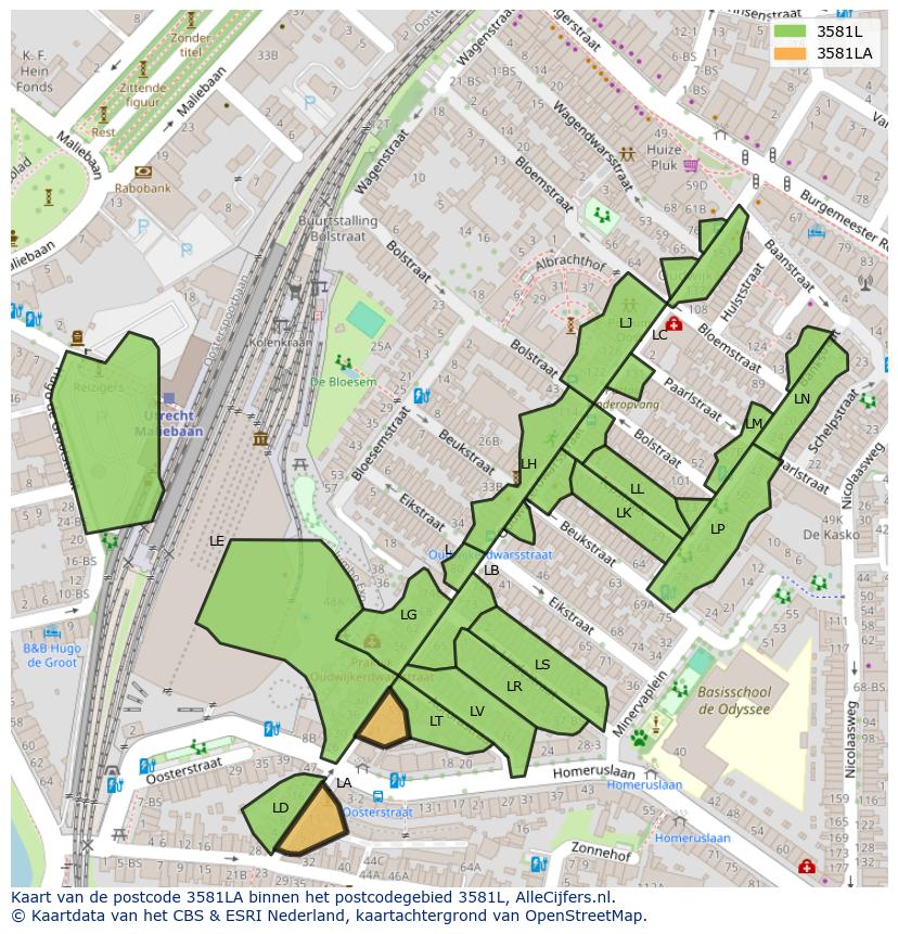 Afbeelding van het postcodegebied 3581 LA op de kaart.