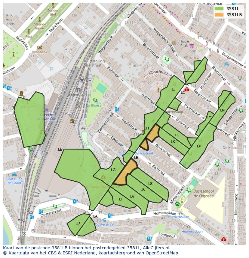 Afbeelding van het postcodegebied 3581 LB op de kaart.