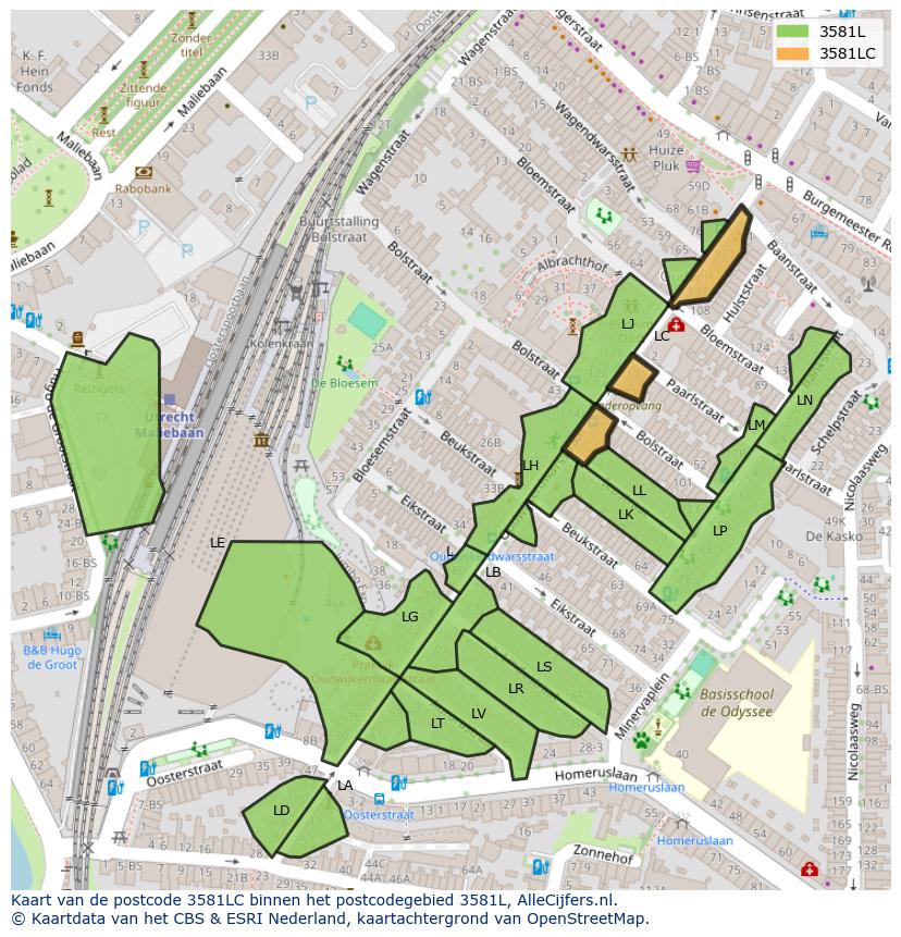 Afbeelding van het postcodegebied 3581 LC op de kaart.