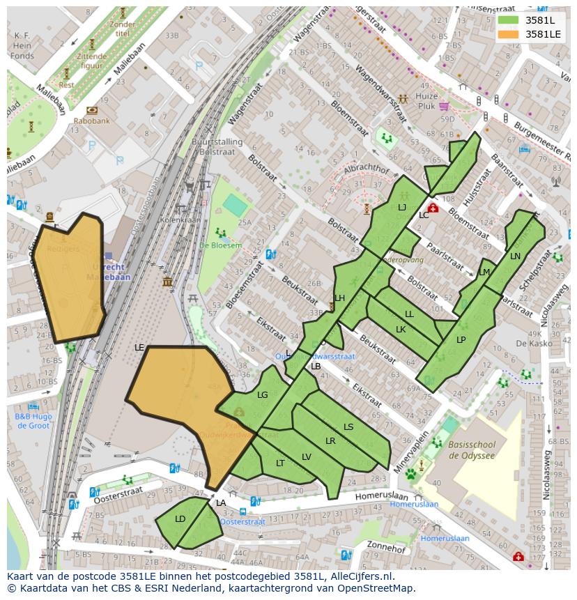 Afbeelding van het postcodegebied 3581 LE op de kaart.