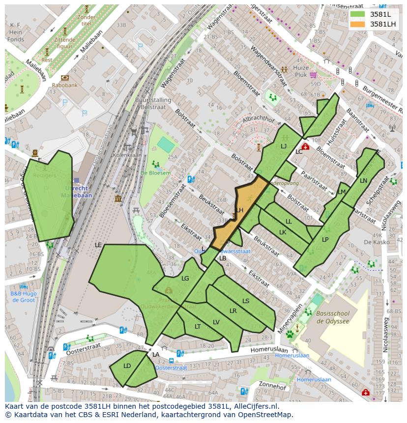 Afbeelding van het postcodegebied 3581 LH op de kaart.