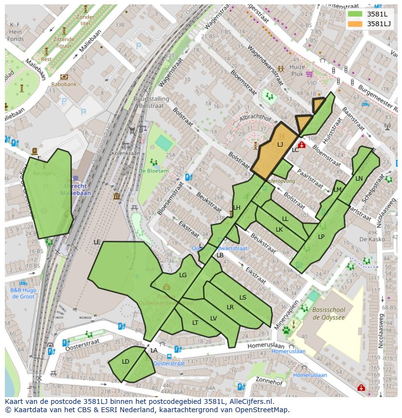 Afbeelding van het postcodegebied 3581 LJ op de kaart.