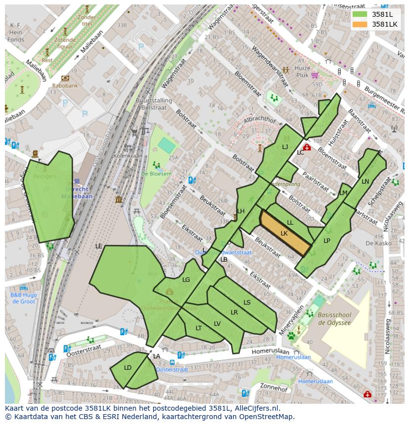 Afbeelding van het postcodegebied 3581 LK op de kaart.