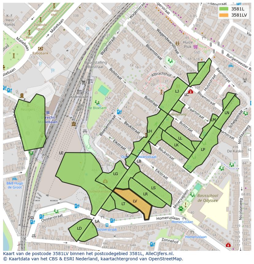 Afbeelding van het postcodegebied 3581 LV op de kaart.