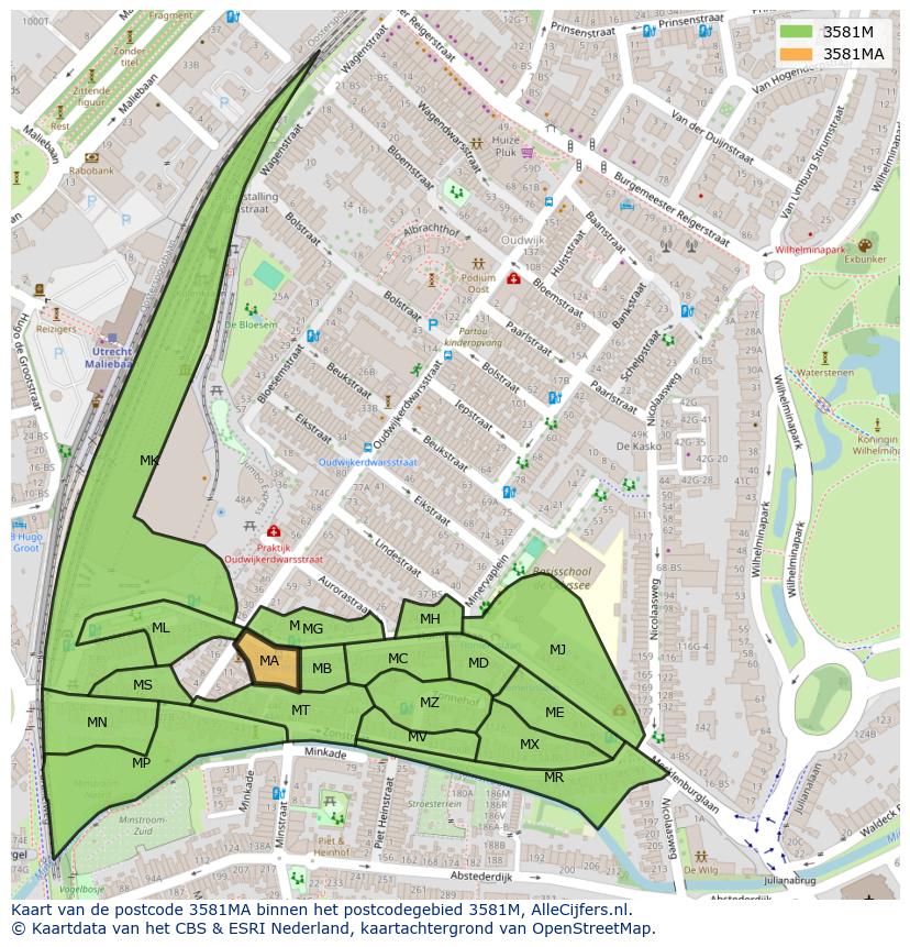 Afbeelding van het postcodegebied 3581 MA op de kaart.
