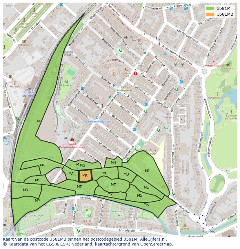 Afbeelding van het postcodegebied 3581 MB op de kaart.