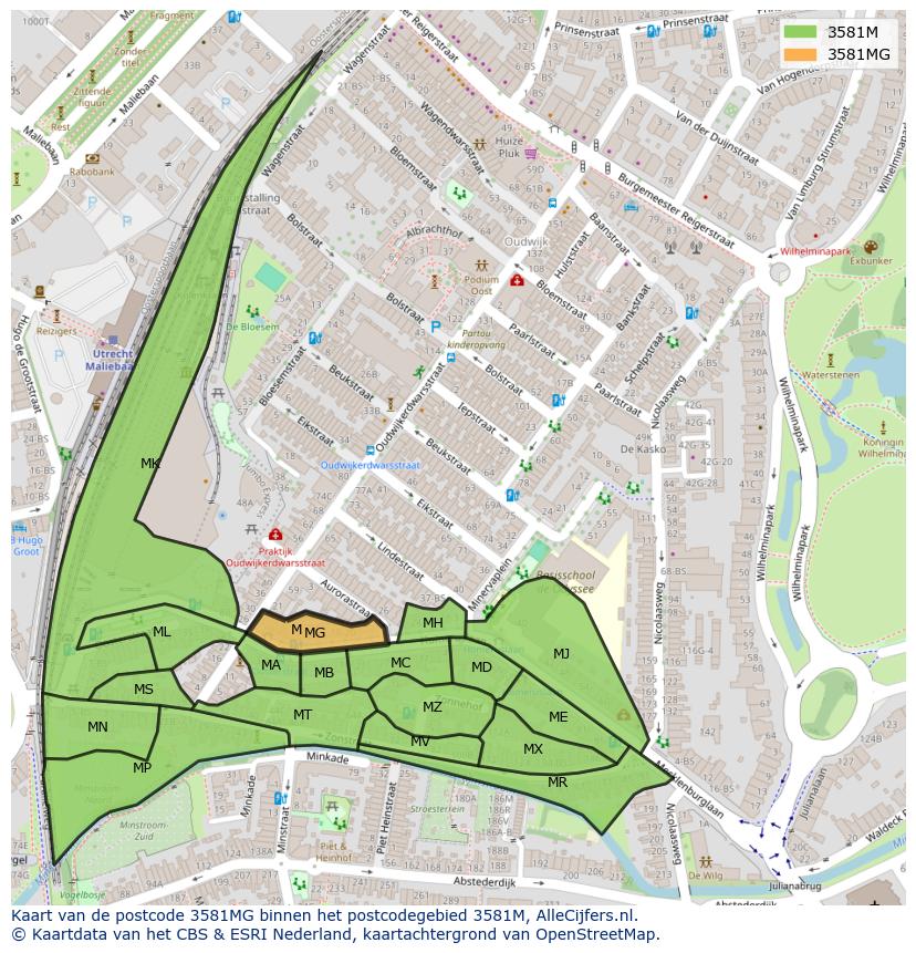 Afbeelding van het postcodegebied 3581 MG op de kaart.