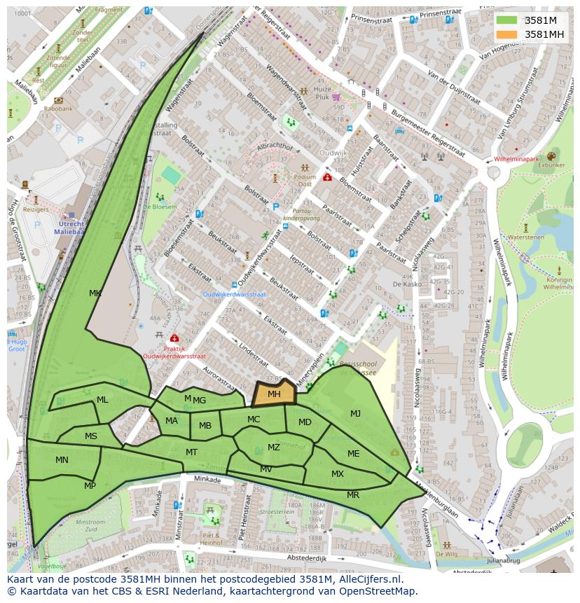 Afbeelding van het postcodegebied 3581 MH op de kaart.