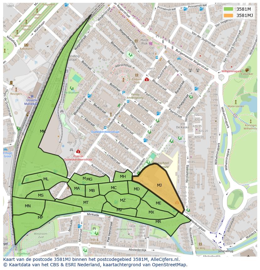 Afbeelding van het postcodegebied 3581 MJ op de kaart.