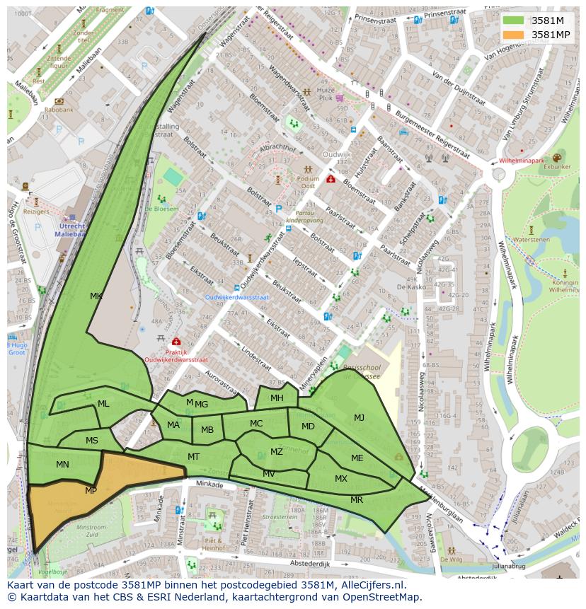 Afbeelding van het postcodegebied 3581 MP op de kaart.