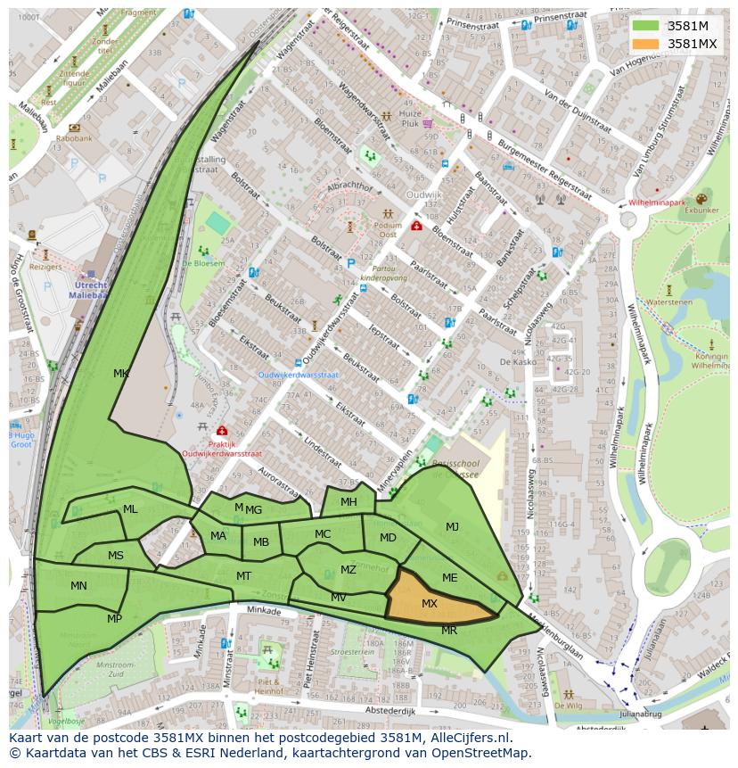 Afbeelding van het postcodegebied 3581 MX op de kaart.