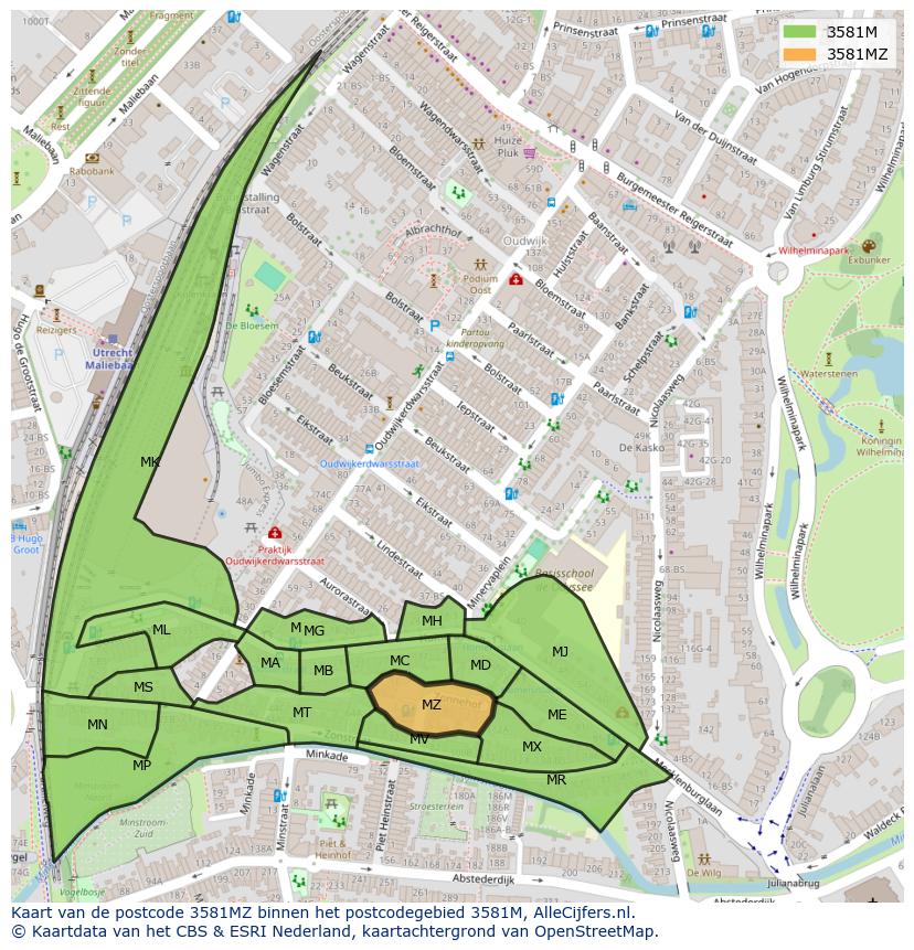 Afbeelding van het postcodegebied 3581 MZ op de kaart.