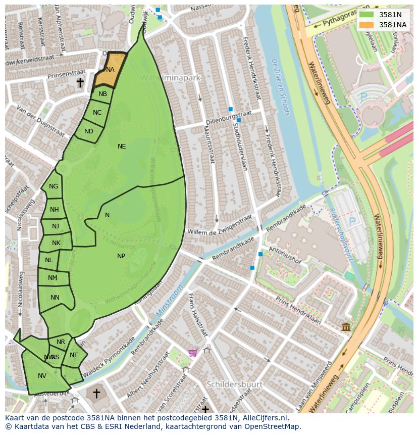 Afbeelding van het postcodegebied 3581 NA op de kaart.