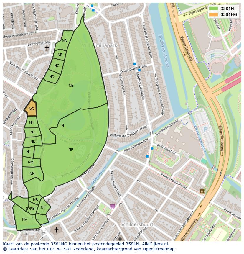 Afbeelding van het postcodegebied 3581 NG op de kaart.