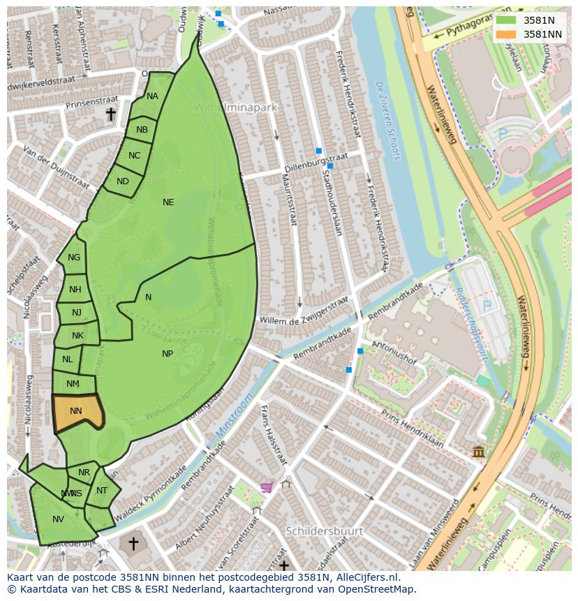 Afbeelding van het postcodegebied 3581 NN op de kaart.