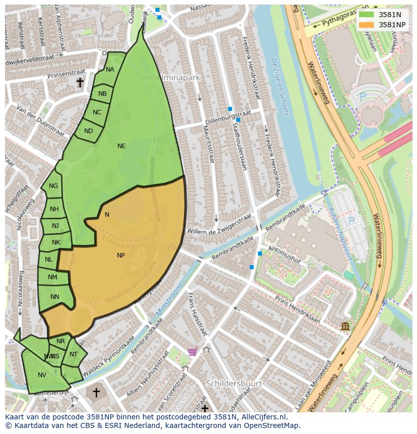 Afbeelding van het postcodegebied 3581 NP op de kaart.