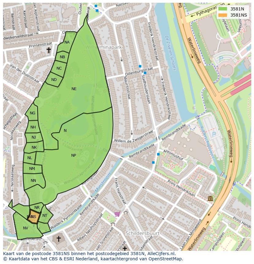 Afbeelding van het postcodegebied 3581 NS op de kaart.
