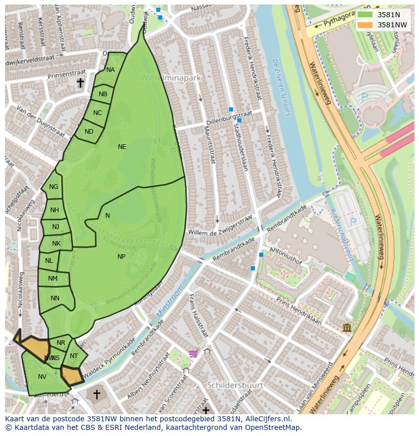 Afbeelding van het postcodegebied 3581 NW op de kaart.