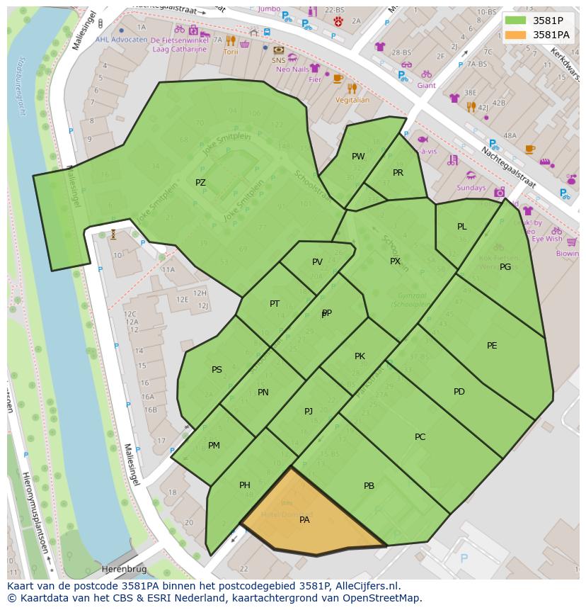 Afbeelding van het postcodegebied 3581 PA op de kaart.