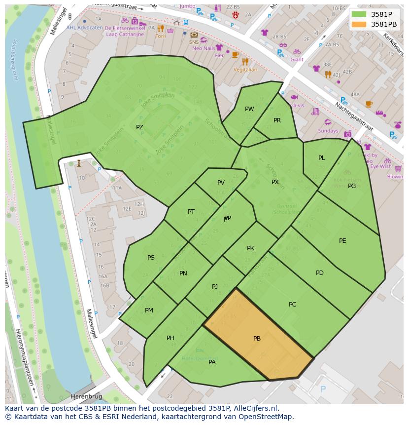 Afbeelding van het postcodegebied 3581 PB op de kaart.