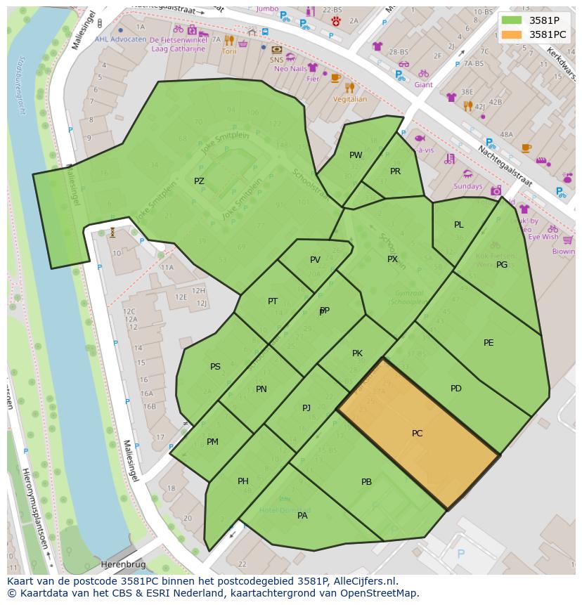 Afbeelding van het postcodegebied 3581 PC op de kaart.