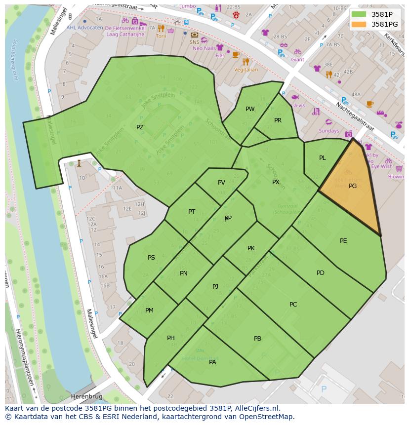Afbeelding van het postcodegebied 3581 PG op de kaart.