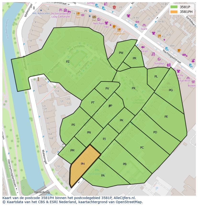 Afbeelding van het postcodegebied 3581 PH op de kaart.