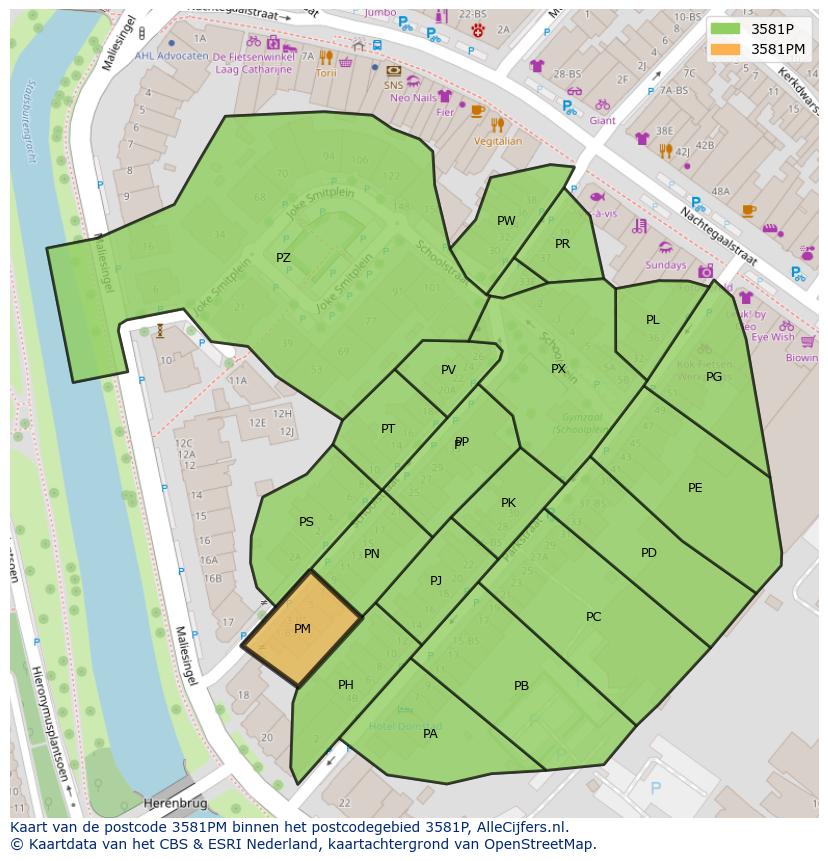 Afbeelding van het postcodegebied 3581 PM op de kaart.