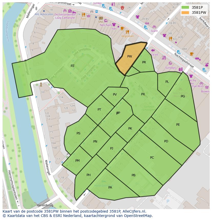 Afbeelding van het postcodegebied 3581 PW op de kaart.