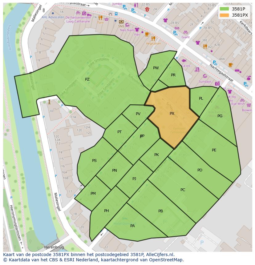 Afbeelding van het postcodegebied 3581 PX op de kaart.