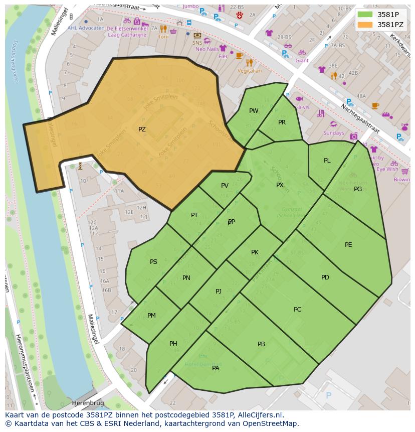 Afbeelding van het postcodegebied 3581 PZ op de kaart.