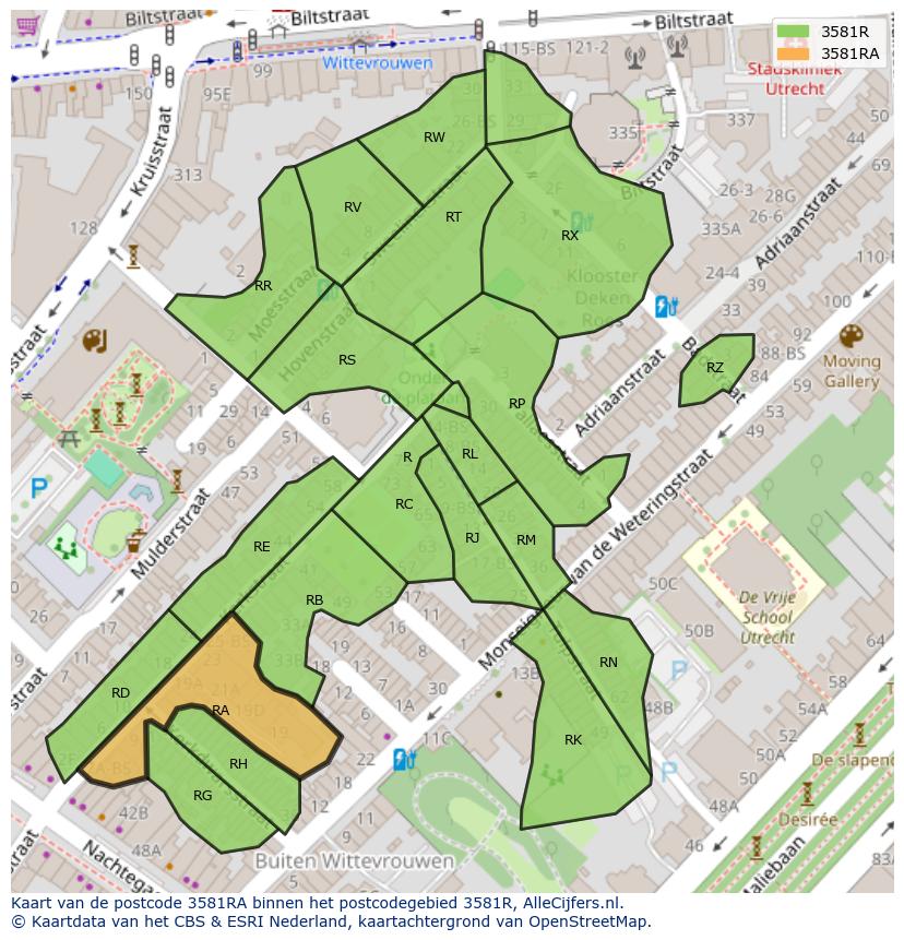 Afbeelding van het postcodegebied 3581 RA op de kaart.