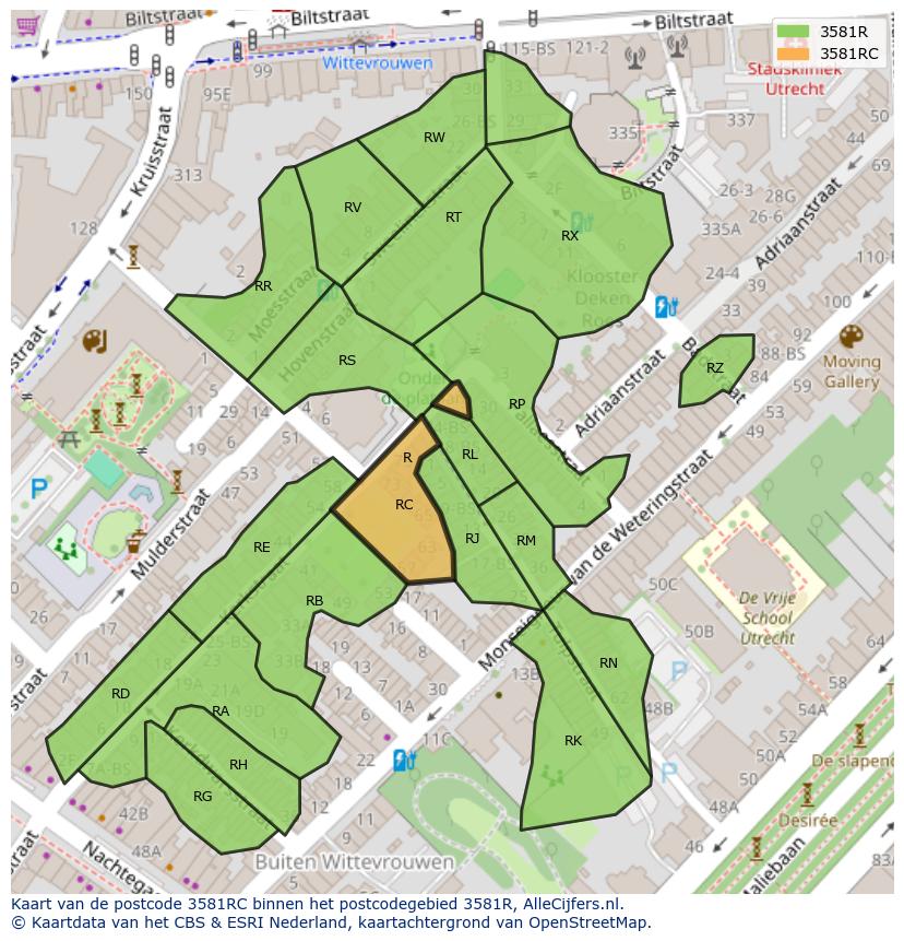 Afbeelding van het postcodegebied 3581 RC op de kaart.