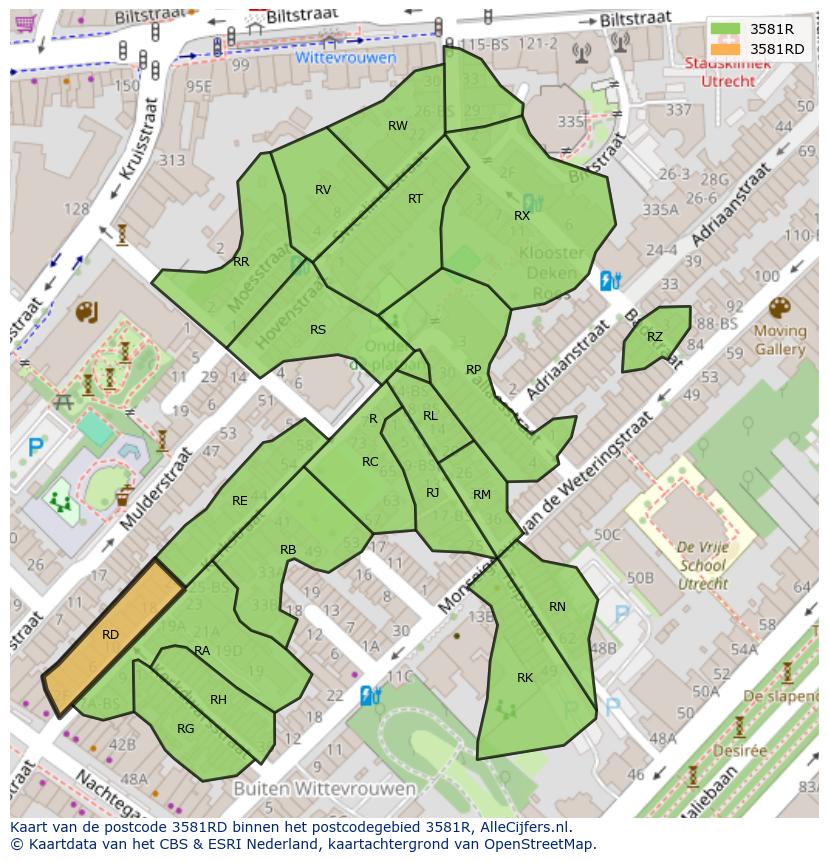 Afbeelding van het postcodegebied 3581 RD op de kaart.