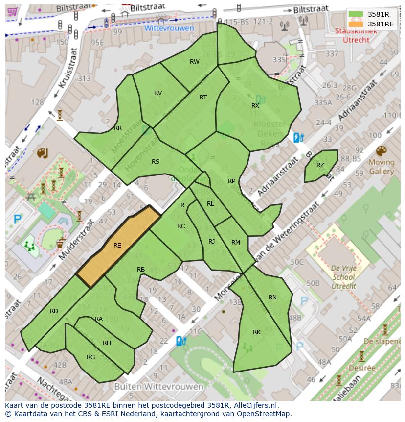Afbeelding van het postcodegebied 3581 RE op de kaart.