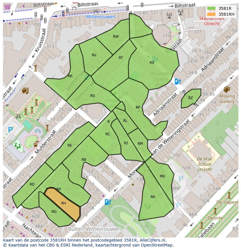 Afbeelding van het postcodegebied 3581 RH op de kaart.