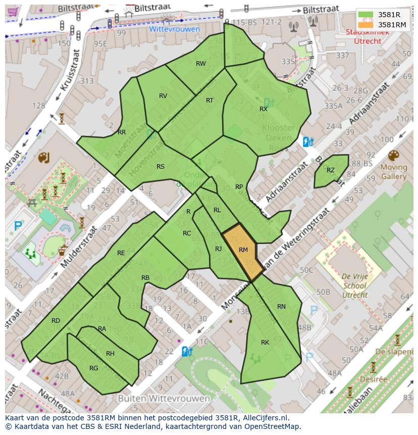 Afbeelding van het postcodegebied 3581 RM op de kaart.