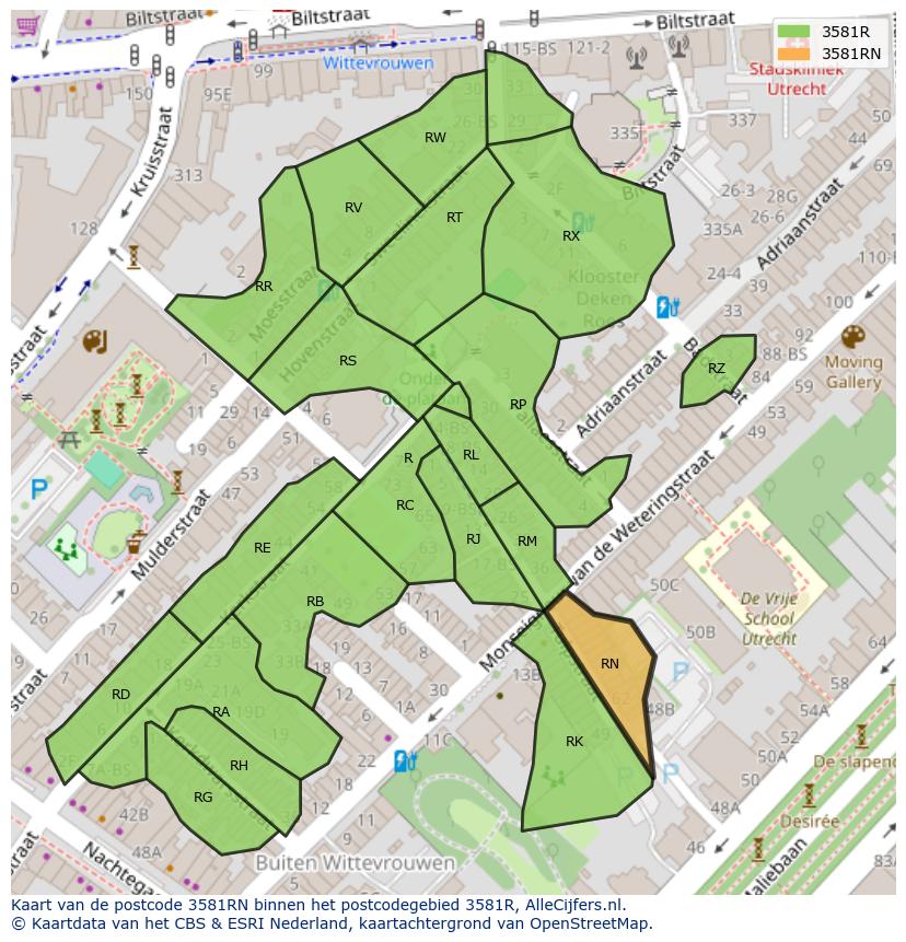 Afbeelding van het postcodegebied 3581 RN op de kaart.