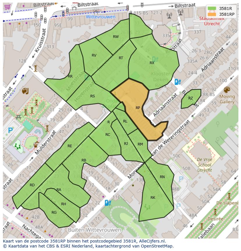 Afbeelding van het postcodegebied 3581 RP op de kaart.